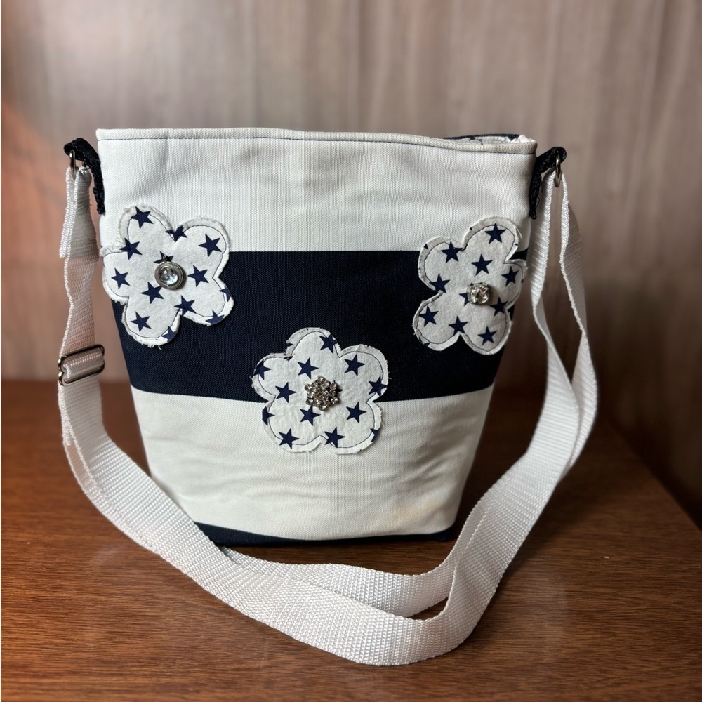 Navy & White Floral Stripe Crossbody Bag With Bling Adjustable Strap